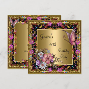 Invitation 60e Anniversaire Orné Rose Floral Papillon Or