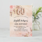 Invitation 60e anniversaire pampas herbe fleurons roses luxe (Debout devant)