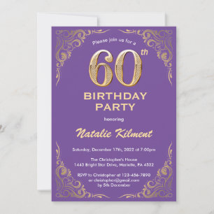 Invitation 60e anniversaire Parties scintillant violet et or 