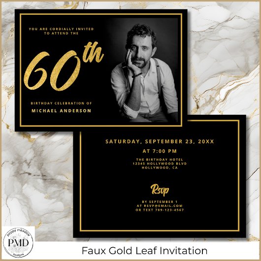 Invitation 60e anniversaire Photo Black Gold Elegant