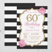 Invitation 60e anniversaire Pink Black Gold Floral (Devant / Derrière)