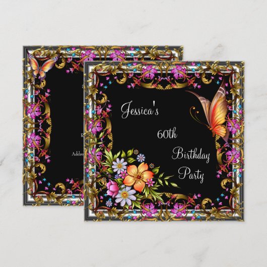 Invitation 60e anniversaire Pink Floral Butterfly Gold Black  (Devant / Derrière)