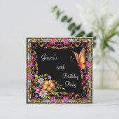 Invitation 60e anniversaire Pink Floral Butterfly Gold Black  (Debout devant)