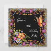 Invitation 60e anniversaire Pink Floral Butterfly Gold Black  (Devant)