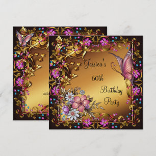 Invitation 60e anniversaire Pink Floral Butterfly Gold Black