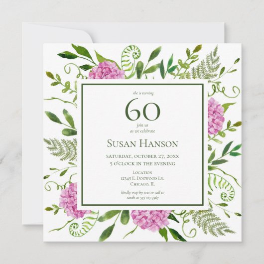 Invitation 60e anniversaire Pink Hydrangeas (Devant)