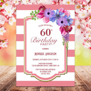 Invitation 60e anniversaire Pink Striped Floral Party