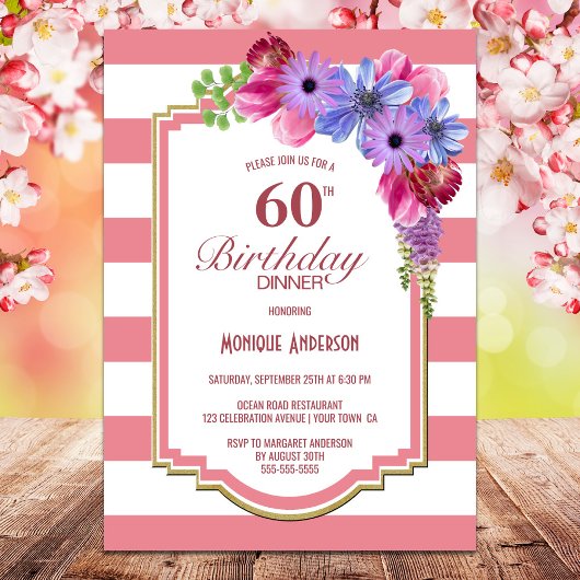 Invitation 60e anniversaire Pink Striped Purple Floral Party