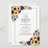 Invitation 60e Anniversaire Plum violet Tournesol Aquarelle (Devant)