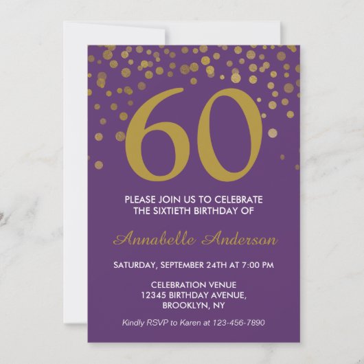Invitation 60e Anniversaire Purple Gold Confetti Moderne Élég (Devant)