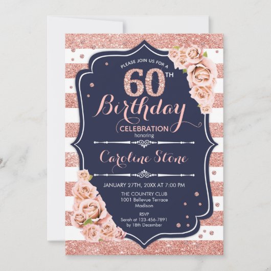 Invitation 60e anniversaire - Rose de la marine Gold et White (Devant)