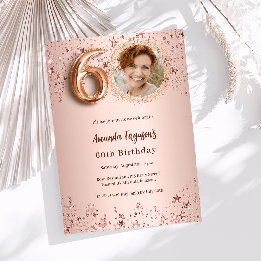 Invitation 60e anniversaire rose étoiles photo en or