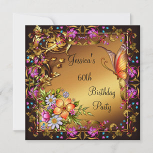Invitation 60e Anniversaire Rose Floral Papillon Or Noir 2