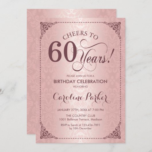 Invitation 60e anniversaire - Rose Gold Damask (Devant / Derrière)