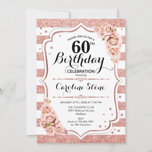 Invitation 60e anniversaire - Rose Gold White Stripes (Devant)
