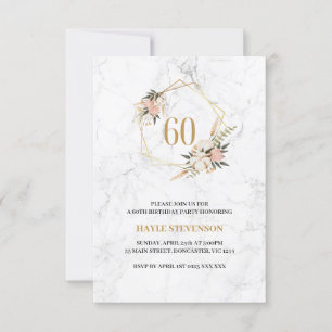 Invitation 60e anniversaire rose Marbre blanc floral chic