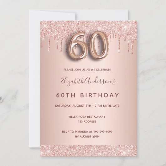 Invitation 60e anniversaire rose parties scintillant or goutt (Devant)