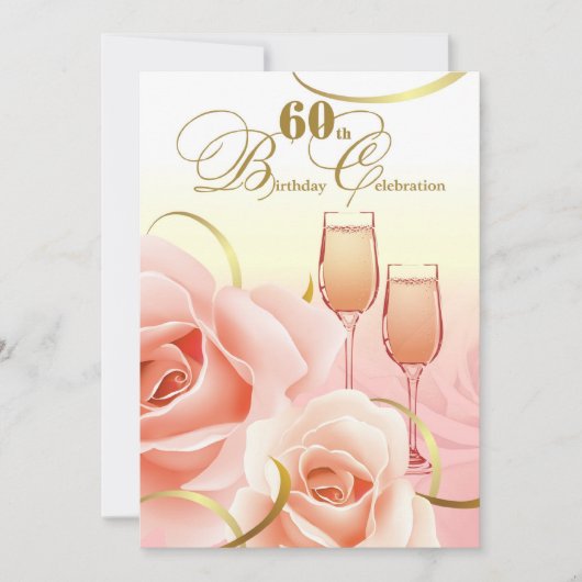 Invitation 60e anniversaire. Roses rose (Devant)
