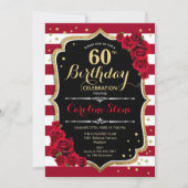 Invitation 60e anniversaire - Rouge or noir blanc rayures Ros (Devant)