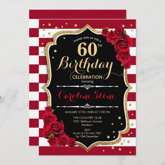 Invitation 60e anniversaire - Rouge or noir blanc rayures Ros (Devant / Derrière)