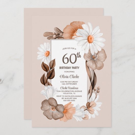 Invitation 60e anniversaire Rustic Boho Floral Party (Devant / Derrière)