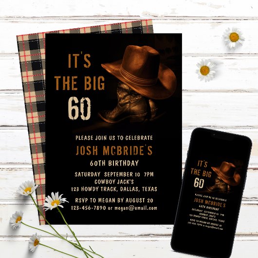 Invitation 60e anniversaire Rustic Cowboy Country Casquette B