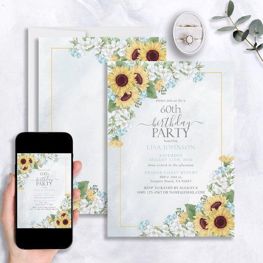 Invitation 60e anniversaire Rustique Dusty Blue Sunflower Scr