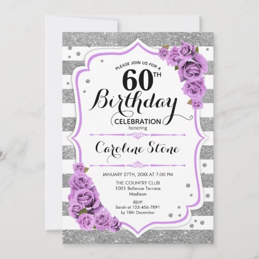 Invitation 60e anniversaire - Silver White Stripes Purple Ros (Devant)