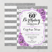 Invitation 60e anniversaire - Silver White Stripes Purple Ros (Devant / Derrière)