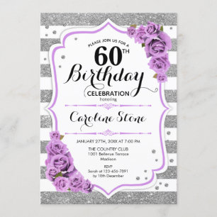 Invitation 60e anniversaire - Silver White Stripes Purple Ros