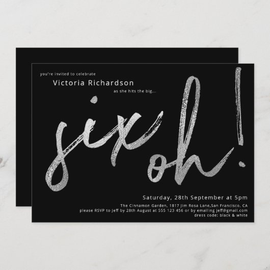 Invitation 60e anniversaire Six Oh Silver Typographie noir (Devant / Derrière)