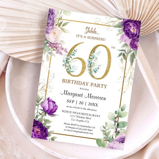 Invitation 60e Anniversaire Soirée Elegant Gold Purple Peony