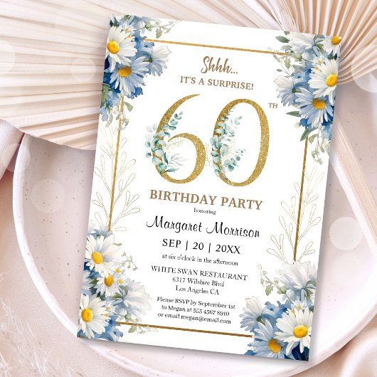 Invitation 60e Anniversaire Soirée Gold Elegant Daisy Floral