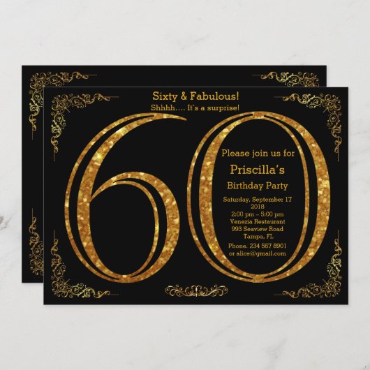 Invitation 60e, Anniversaire, Soixante, Gatsby, noir & or (Devant / Derrière)