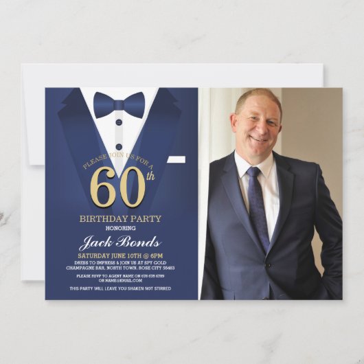 Invitation 60e Anniversaire Spy Suit Black Cravate Gold Marin (Devant)
