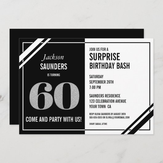 Invitation 60e Anniversaire Surprise Bash Moderne Noir et Bla (Devant / Derrière)