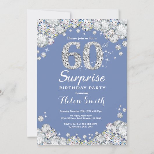 Invitation 60e anniversaire surprise Diamant d'argent bleu (Devant)