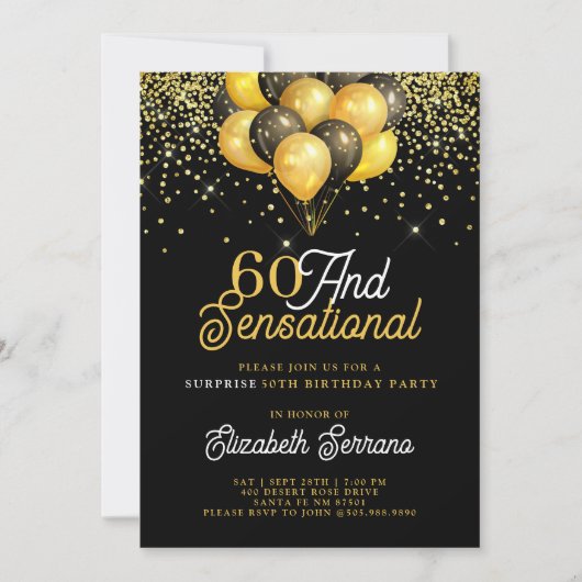 Invitation 60e anniversaire Surprise Party Gold Black Parties (Devant)