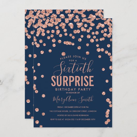 Invitation 60e Anniversaire Surprise Rose Gold Navy Bleu (Devant / Derrière)