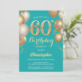 Invitation 60e anniversaire Turquoise et or Balloons Confetti (Debout devant)