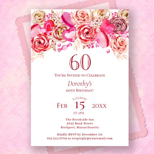 Invitation 60e anniversaire Valentine Rose Rose Coeur Tourbil