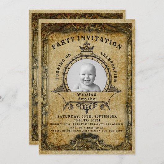 Invitation 60e anniversaire Vintage Retro Photo Surprise Part (Devant / Derrière)