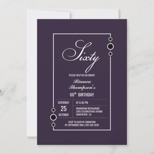 Invitation 60e anniversaire violet avec White Frame Party (Devant)