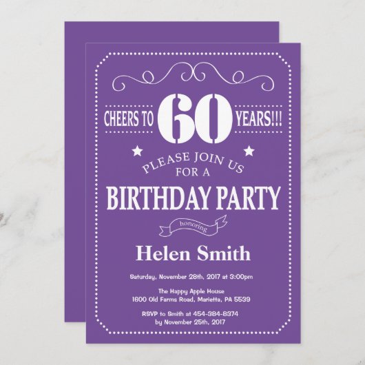 Invitation 60e anniversaire violet et blanc (Devant / Derrière)