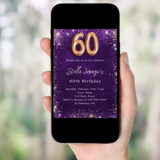 Invitation 60e anniversaire violet rose éclat or