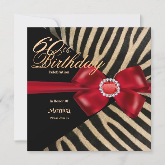 Invitation 60e anniversaire Zebra Red Bow & Diamonds (Devant)