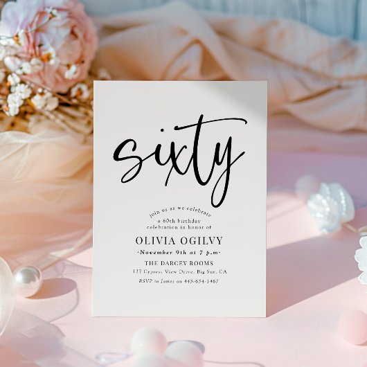 Invitation 60e B&W Anniversaire de fête Typographie de script
