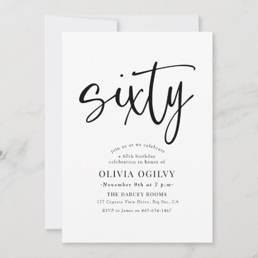 Invitation 60e B&W Anniversaire de fête Typographie de script (Devant)