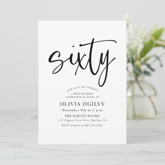 Invitation 60e B&W Anniversaire de fête Typographie de script (Debout devant)