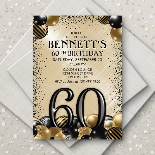 Invitation 60e Ballons Black Gold Anniversaire